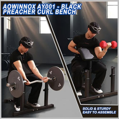 Fitness Black Adjustable Arm Preacher Curl bench, Bicep Tricep Curl Machine, Seated trenghthen Training Isolated Barbell Dumbell Station for Home Gym