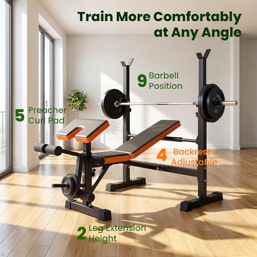 YOLEO Weight Bench with Rack - Bench Press Set, Leg Extension, Preacher Curl & Flat/Incline/Decline Full Body Workout Bench, Adjustable Olympic Weight Benches for Home Gym(47.44IN WIDE GRIP)