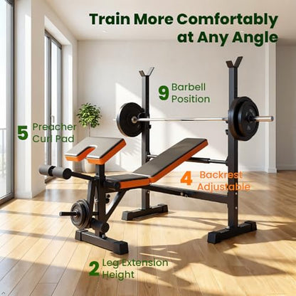 YOLEO Beginner Weight Bench Set for Home Gym, 6-in-1 Adjustable Workout Bench with Squat Rack, Foldable Full Body Fitness Equipment for Bench Press, Sit-Up & Strength Training