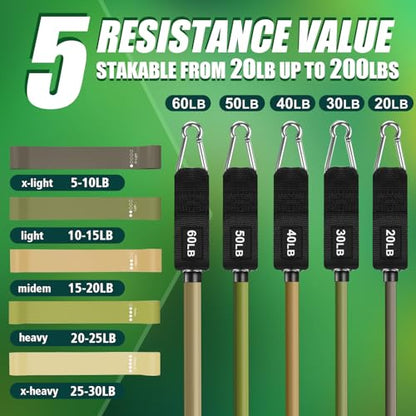 WHATAFIT Resistance Bands with Handles, 5-Level Exercise Bands for Workout - color: Green 16PCS