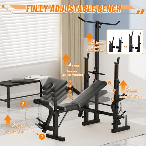 7-in-1 Olympic Weight Bench for Home Gym, 1000LB Capacity Foldable Bench Press Set with Leg Extension/Curl, Preacher Pad & Adjustable Rack, Full Body Strength Training Equipment