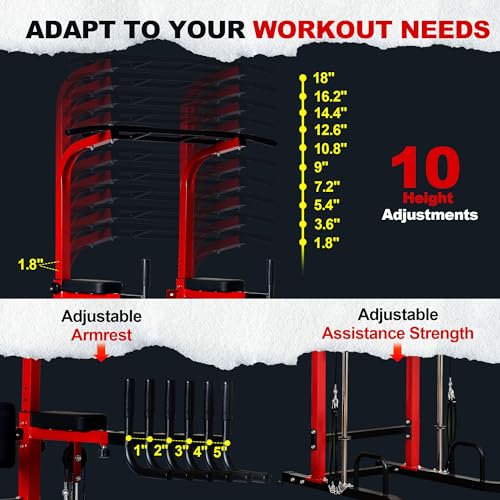 soges Power Tower Dip Station with Assisted Pad, Height Adjustable Pull Up Bar Station for Home Gym, Multi-Function Strength Training Full Body Workout Equipment, 330 Lbs, Red