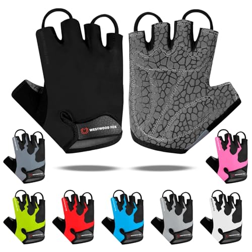 WESTWOOD FOX Cycling Gloves Half Finger Unisex Padded Grips Palm Bicycle Summer MTB Bike Gloves for Men Women Non-Slip Fingerless Short Mountain Bike Sports Hiking Climbing Gym - color: Black, size: Small