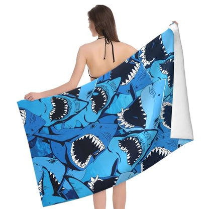 WIBUE Shark Microfiber Oversized Beach Towel, Lightweight Quick Dry Sandproof Towels 60”x30” for Swim Pool Yoga Gym Camping Beach Essentials Accessories Vacation Gift (Shark 1)