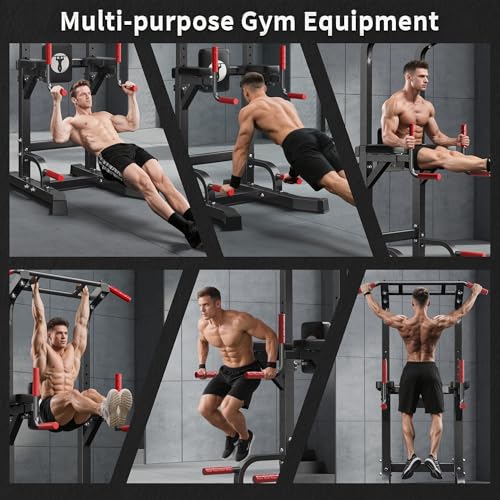 SogesHome Multifuntional Power Tower Pull Up Bar Dip Station for Home Gym - color: Black & Red