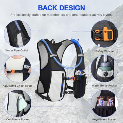 KUYOU Running Hydration Vest - Lightweight Insulated Hydration Backpack with 2L Water Bladder, Adjustable Chest Straps and Reflective Water Backpack for Running Marathon Race Hiking Cycling - color: Black