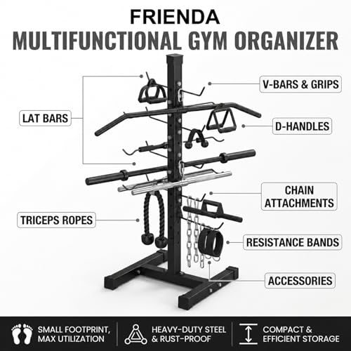 Frienda Steel Lat Bar Organizer, Home Gym Accessories, Lat Pulldown Attachments Cable Attachment Storage Rack Cable Attachments for Gym Rack Storage Heavy Duty Steel Organizer Home Use