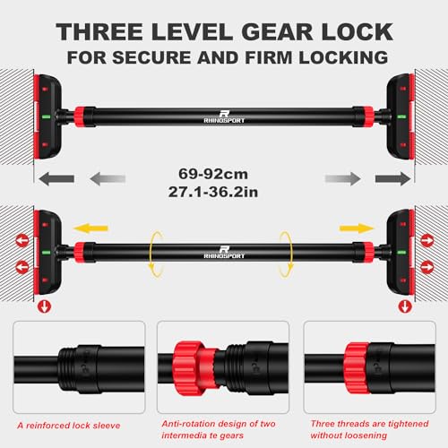 RHINOSPORT Door Pull Up Bar Doorway No-Screw from 69-92 cm (27.1in-36.2in) Workout Equipment for Home Gym Upper Body Workout Non-slip 2x EXTRA Foam Padding for Ultimate Door Frame Protection