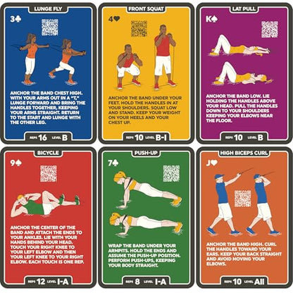 Stack 52 Resistance Band Exercise Cards. Exercise Band Workout Playing Card Game. Video Instructions Included. Home Fitness Training Program for Elastic Rubber Stretch Band Sets. (Updated Deck)