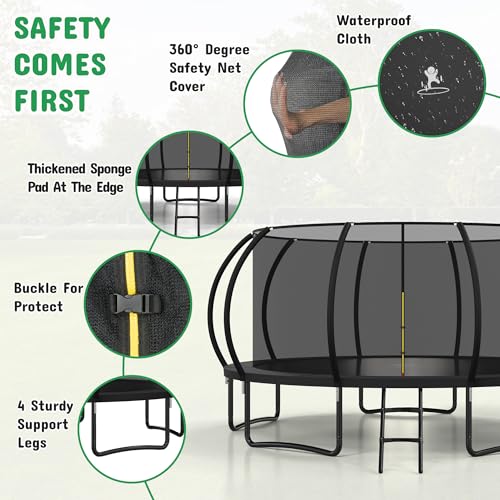 8FT 10FT 12FT 14FT 16FT Outdoor Trampoline with Safety Enclosure Net - color: Black, size: 16 FT