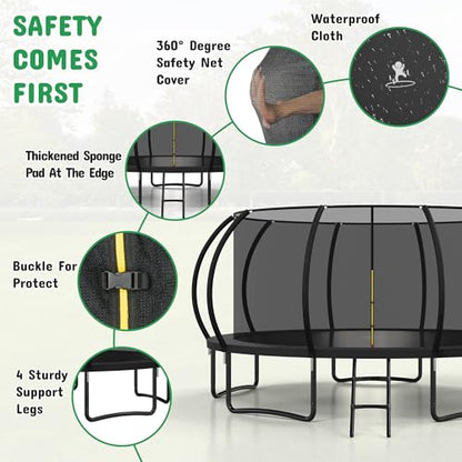 8FT 10FT 12FT 14FT 16FT Outdoor Trampoline with Safety Enclosure Net - color: Black, size: 16 FT