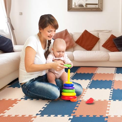 TCBunny Kids Soft EVA Foam Jigsaw Puzzle Play Mat, 36 Interlocking Tiles and Edges Baby Play Mat, for Kids Gym, Nursery, Playroom, Pet Mat, Total Floor Coverage 32 Sq Ft, Blue/Pink/Cream