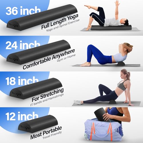 Yes4All Medium Firm Half Foam Rollers for Post-Workout Relaxation, 12/18/24/36 inch PE Foam Roll for Back Massage & Yoga Exercise - color: Black, style: 12-inch