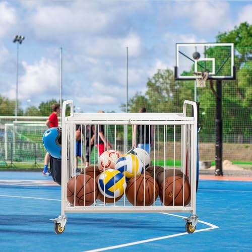 MyGift Large Capacity Metal Rolling Multi Sports Ball Cage Storage Hopper, Gym Equipment Basket Cart with Lockable Latch, Heavy Duty Caster Wheels, and 8 Accessory Hooks