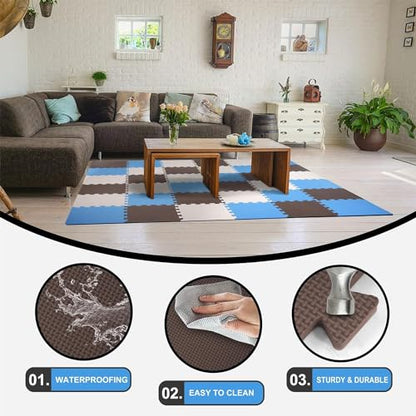 BalanceFrom 16-Pack 12x12 Inches EVA Interlocking Foam Play Tile Mat, Blue/Brown/Beige – 0.4-Inch Thick Non-Slip Puzzle Flooring for 16 Square Feet in Playroom, Nursery, or Playpen at Home