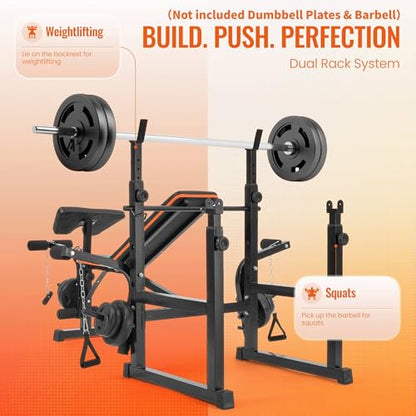 Weight Bench with Squat Rack, Adjustable Workout Bench with Preacher Curl Pad, Leg Extension & Curl, Safety Bar Catches, 600 lbs Capacity All-in-One Strength Training Bench for Home Gym