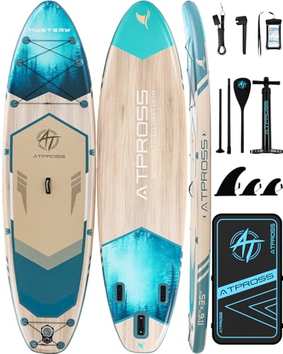 11'6"x35" Inflatable Paddle Board, 450lbs Extra Wide Stand Up Paddleboard for Adults with Premium SUP Accessories Kit & Backpack, Blow Up Kayak Non-Slip Stable Deck Boat for Yoga Fishing Surf - style: Light Wood Grain