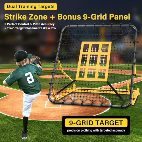 Utheer Baseball Rebounder Net 4x4.5FT Pitch Back Trainer with Strike Zone & 9-Grid Target for Baseball Softball Soccer Volleyball Lacrosse - 3 Adjustable Angles | Steel Frame UV Net | Foldable