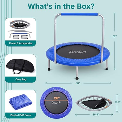 SereneLife 36″ Foldable Mini Trampoline for Kids - Compact Fitness Rebounder with Foam Handle - Safe, Stable Exercise Trampoline with 330lbs Max Load for Indoor/Outdoor Active Play & Exercise