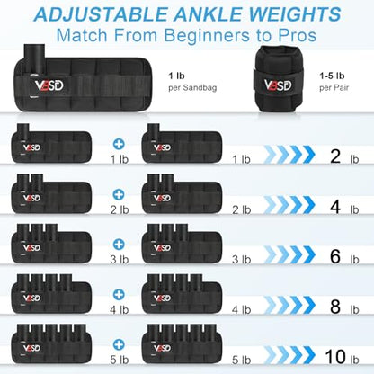 Adjustable Ankle Weights for Men Women, 2 4 6 8 10 lbs 1 Pair Leg Weight Straps, Weighted Ankle Weight Set with Removable Sandbags for Walking Running Yoga Physical Therapy Gym Home Workout