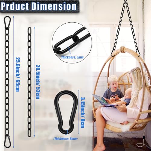 2 Pack Hanging Swing Chain with 4 Carabiners 25in, 660LB Capacity Heavy Duty Hammock Hardware Kit for Punching Bags, Swing Chairs, Indoor & Outdoor Gym (Black)