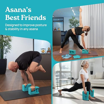 PRO Yoga Blocks | Ergonomic Yoga Block 2 Pack for Wrist Comfort and Support | EVA Foam Exercise Blocks, 2x Knee Pads & Yoga Strap | Pilates Block Set | Bricks to Eliminate Wrist Pain - color: Blue