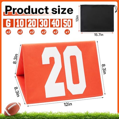 Set of 11 Football Yard Markers Field Markers Orange High Visibility Weighted Yardage Markers with Portable Carrying Bag, Football Gear for Football Training Equipment