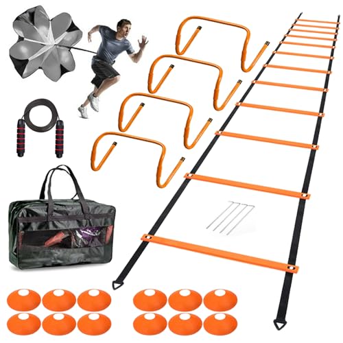 Agility Ladder Set 20ft, 4 Hurdles, 12 Soccer Cones, Jump Rope & Running Parachute - Speed Agility Training Equipment for Soccer Fitness Kids Youth Adults - color: Orange