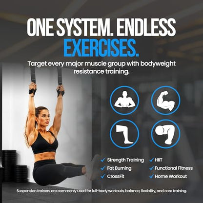 Suspension Trainer Straps – Premium Nylon Bodyweight Fitness Straps for Home & Gym Workouts, Adjustable Exercise Straps with 540lbs Load Capacity, Black, Pair