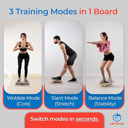 3-in-1 Slant Board for Calf Stretching, 180°/360° Adjustable Balance Board & Wobble Board with Training Poster, Squat Wedge, 5 Angle Wooden Incline Board, Physical Therapy, Home Gym Fitness