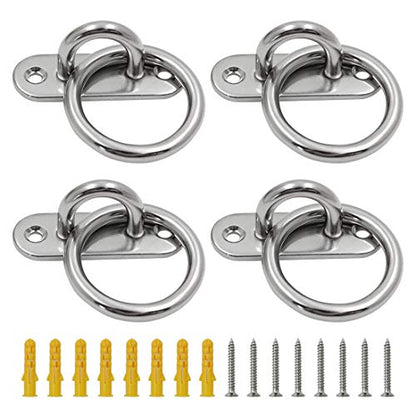 4Pcs M6 Ceiling Wall Mount Hook, Pad Eye Plate, Heavy Duty Anchor with Ring, 304 Stainless Steel, Great for Yoga Swings Hammocks/Boat Rigging/Marine Deck Hardware/Suspension Training Straps