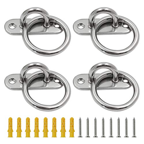 4Pcs M6 Ceiling Wall Mount Hook, Pad Eye Plate, Heavy Duty Anchor with Ring, 304 Stainless Steel, Great for Yoga Swings Hammocks/Boat Rigging/Marine Deck Hardware/Suspension Training Straps