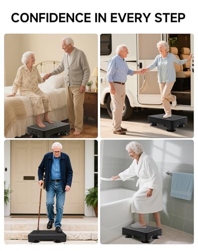 Adjustable Step Stool for Adults, Bed Step Stools, 600 LBS Capacity Safety Wide Step Platform, Indoor and Outdoor Steps for Seniors, Non-Slip Stepping Stool Elderly Assistance, Black