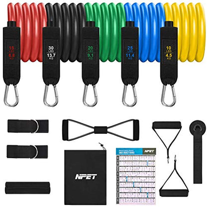 NPET Resistance Band Set 13pcs, Workout Bands, Exercise Band Set with Handle, Ankle Straps, Door Anchor, Carry Bag,for Resistance Training,Home Workouts, Physical Therapy