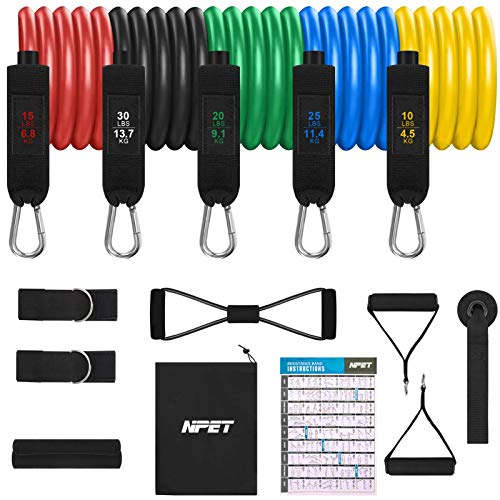 NPET Resistance Band Set 13pcs, Workout Bands, Exercise Band Set with Handle, Ankle Straps, Door Anchor, Carry Bag,for Resistance Training,Home Workouts, Physical Therapy