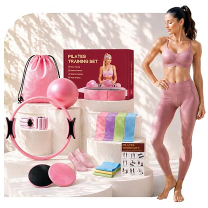 Pilates Kit for Women, Home Workout Equipment Set with Ring, Ball, Resistance Bands, Core Sliders & Ankle/Wrist Weights, Pilates Essentials Kit for Full Body Sculpt, Fat Burn & Beginners