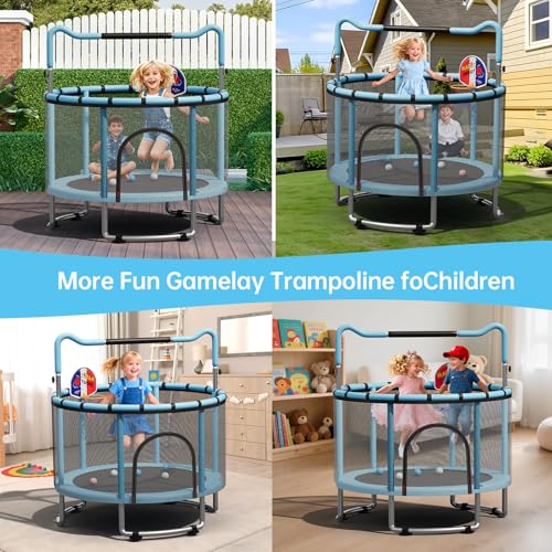 55/60" Trampoline for Kids, 4.5/5 FT Toddler Trampoline with Enclosur Net, Basketball Hoop & Sandbag, 440 LBS Capacity, Adjustable Height，Gifts for Ages 3-12 Boys & Girls