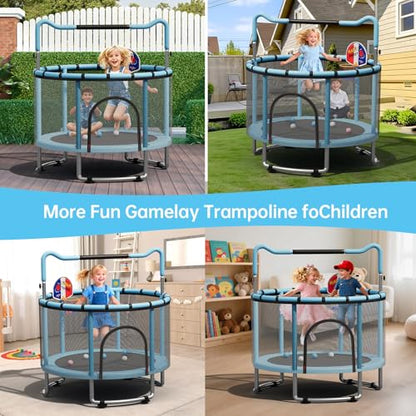 55/60" Trampoline for Kids, 4.5/5 FT Toddler Trampoline with Enclosur Net, Basketball Hoop & Sandbag, 440 LBS Capacity, Adjustable Height，Gifts for Ages 3-12 Boys & Girls