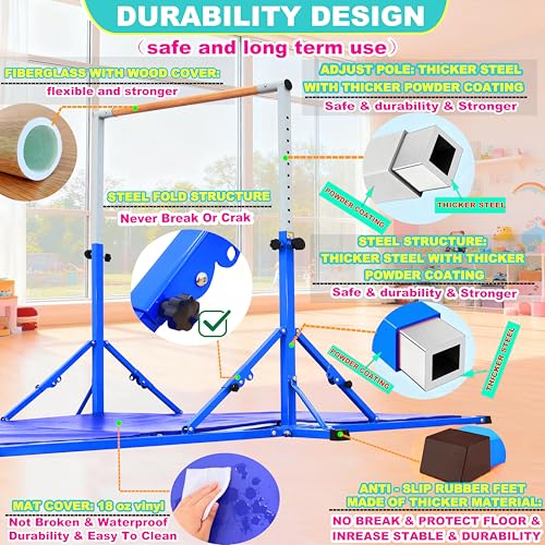 MARFULA Gymnastic Kip Bar for Kids Teens Ages 3-25 of All Gymnastic Levels - color: Blue (Bar with Mat - 8 Ft Base)