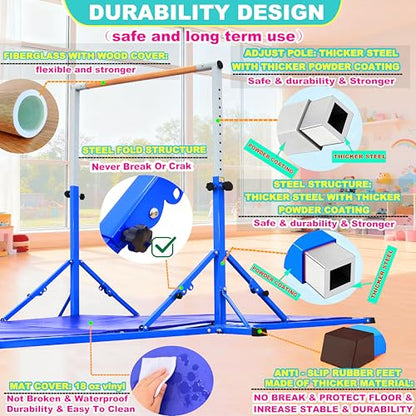 MARFULA Gymnastic Kip Bar for Kids Teens Ages 3-25 of All Gymnastic Levels - color: Blue (Bar with Mat - 8 Ft Base)