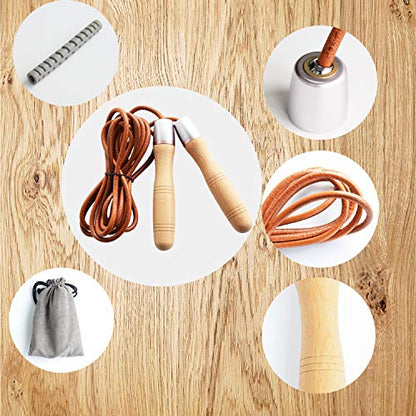 Leather Jump Rope, Adjustable Skipping Jumping Ropes, with Rotary Bearing and Pure Wood Handles, for Gym & Home Fitness Workouts