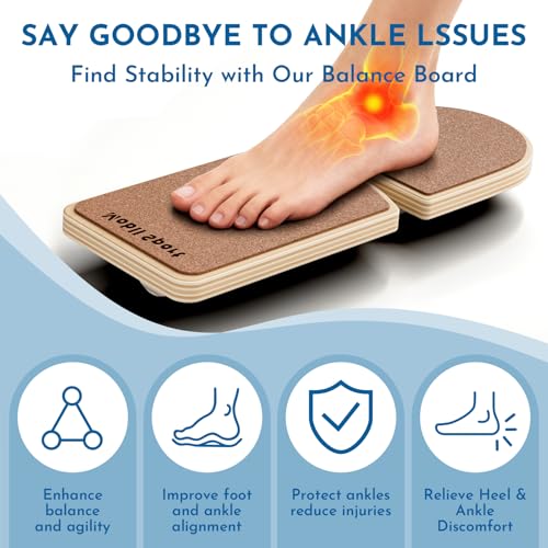 Cork Ankle Balance Board & Foot Strengthener | Extra Wide Single Leg Slant Board, Plantar Fasciitis Relief, Achilles Support, 3-Way Axis, 16-Exercise Guide