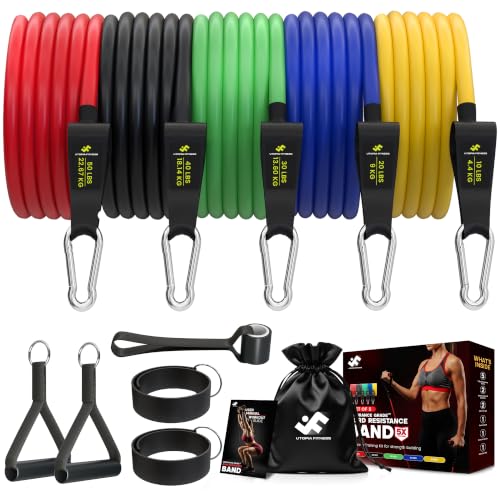 Utopia Fitness Resistance Bands with Handles, Resistance Fitness Bands Set, 5 Workout Bands (10–50 lbs), Exercise Bands with Handles, Home Gym Equipment with 1 Door Anchor, 2 Ankle Straps & Carry Bag