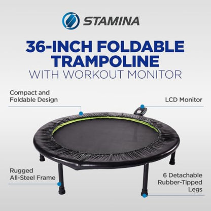 Stamina 36" Foldable Mini Trampoline Rebounder for Adults with Smart Workout App, Black - Portable Fitness Equipment for Home Gym, Cardio and Jumping Training Exercise