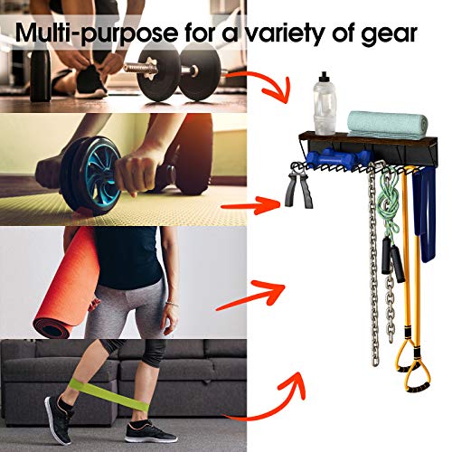 J JACKCUBE DESIGN Gym Storage Rack Organizer for Workout Equipments, Fitness Gears, Resistance Bands, Lifting Belts Rack Holder with 9 Heavy Duty Metal Hooks and Wood Shelf- MK713A
