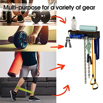 J JACKCUBE DESIGN Gym Storage Rack Organizer for Workout Equipments, Fitness Gears, Resistance Bands, Lifting Belts Rack Holder with 9 Heavy Duty Metal Hooks and Wood Shelf- MK713A