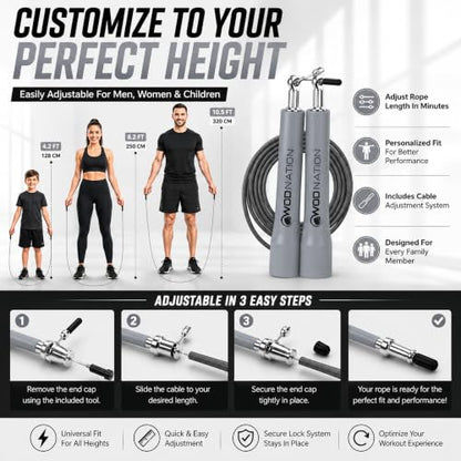 WOD Nation Adjustable Speed Jump Rope For Men, Women & Children - Blazing Fast Fitness Skipping Rope Perfect for Boxing, MMA, Endurance - color: Grey