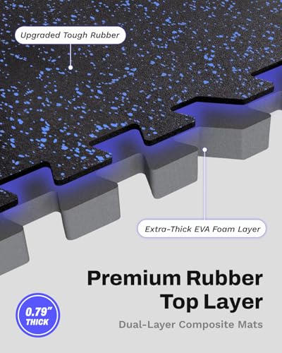 AIRHOP 0.79in Thick 48 Sq Ft Exercise Equipment Mats, 12 Tiles Upgraded Rubber Top with High Density EVA Foam, Large Interlocking Puzzle Gym Flooring for Home Gym, Heavy Weight Workout,Black & Blue