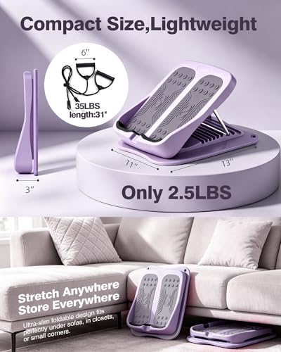 9-Level Adjustable Slant Board for Calf Stretching, Incline Board with 2 Resistance Bands, Portable Calf Stretcher forTeenagers, Office Foot Rest & Physical Therapy Equipment (Purple)