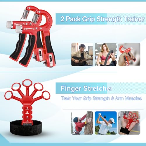 Grip Strength Trainer(5 Pack) with Finger Exerciser, Hand Grip Strengthener, Finger Stretcher,Grip Ring & Stress Relief Ball for Muscle Building and Injury Recover with Carry Bag - color: RED